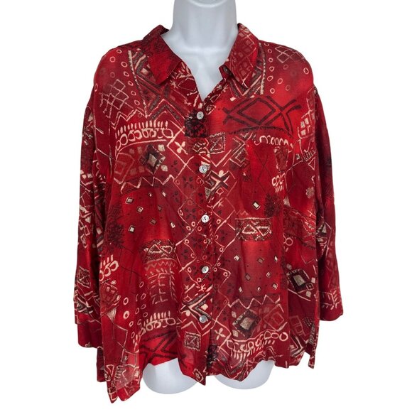 Chicos Design Womens Red Geometric Button-Front Shirt Size 3 US XL - Picture 1 of 8